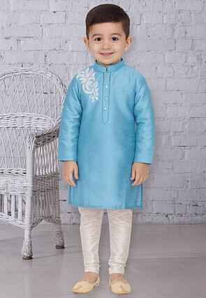 Appliqued Dupion Silk Kurta Set in Light Blue