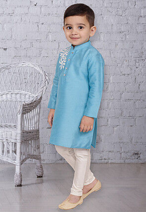 Appliqued Dupion Silk Kurta Set in Light Blue