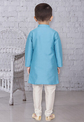 Appliqued Dupion Silk Kurta Set in Light Blue
