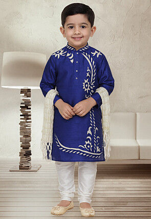 Appliqued Dupion Silk Kurta Set in Royal Blue