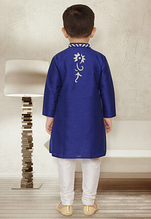 Appliqued Dupion Silk Kurta Set in Royal Blue