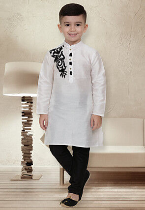 Appliqued Dupion Silk Kurta Set in White