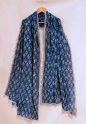 Bagru Printed Chanderi Cotton Dupatta in Indigo Blue