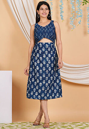 Bagru Printed Cotton Cutout Waist Dress in Indigo Blue