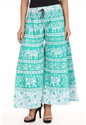 Bagru Printed Cotton Flared Palazzo in Teal Green and White