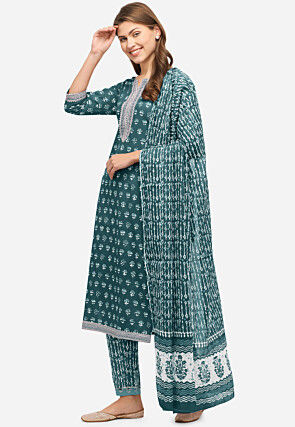 Bagru Printed Pure Cotton Pakistani Suit in Teal Green