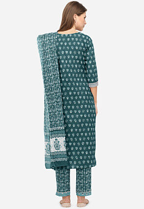 Bagru Printed Pure Cotton Pakistani Suit in Teal Green