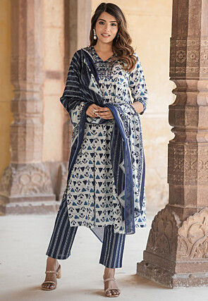 Bagru Printed Cotton Pakistani Suit in White