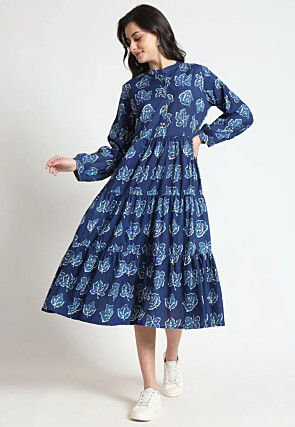 Bagru Printed Cotton Tiered Midi Dress in Blue