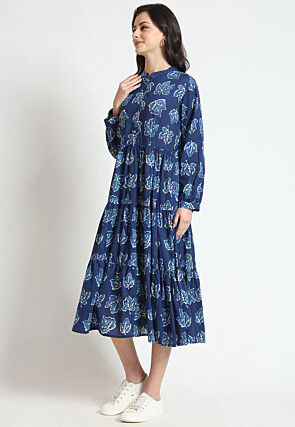 Bagru Printed Cotton Tiered Midi Dress in Blue