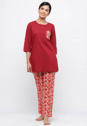 Bagru Printed Cotton Tunic with Pant in Maroon and Orange
