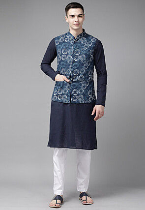 Bagru Printed Pure Cotton Nehru Jacket in Navy Blue