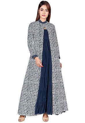 Bagru Printed Pure Cotton Tiered Gown in Navy Blue
