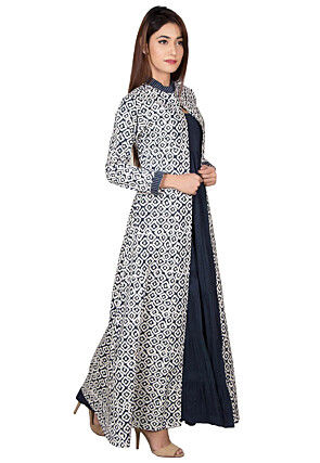 Bagru Printed Pure Cotton Tiered Gown in Navy Blue