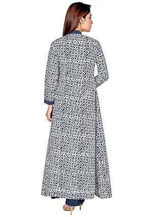 Bagru Printed Pure Cotton Tiered Gown in Navy Blue