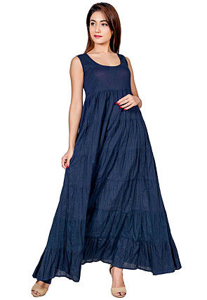 Bagru Printed Pure Cotton Tiered Gown in Navy Blue