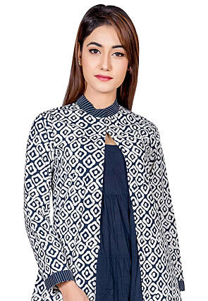 Bagru Printed Pure Cotton Tiered Gown in Navy Blue