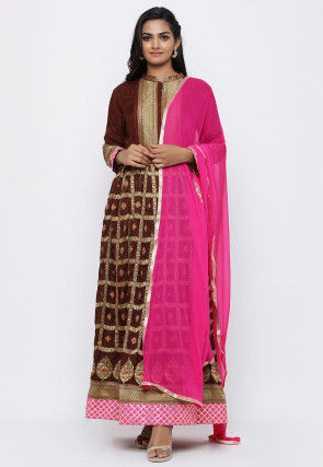 Banarasi Abaya Style Suit in Dark Brown