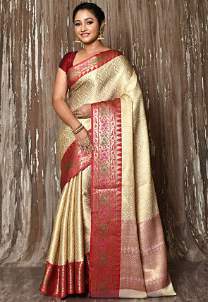 Banarasi Cotton Silk Saree in Light Beige and Golden