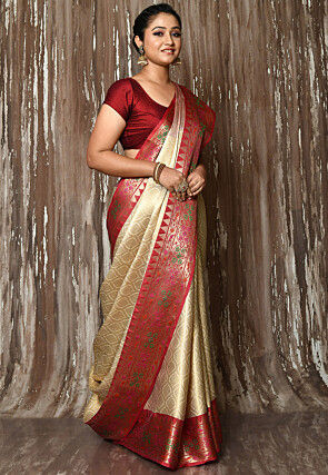Banarasi Cotton Silk Saree in Light Beige and Golden