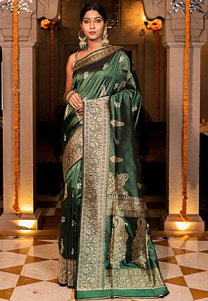 Banarasi Handloom Pure Katan Silk Saree in Dark Olive Green