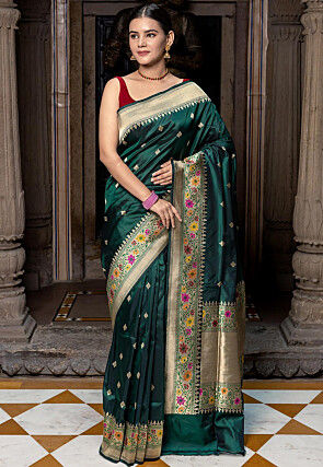 Banarasi Handloom Pure Katan Silk Saree in Dark Teal Green
