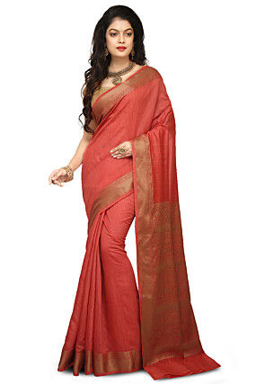 Banarasi Muga Silk Saree in Coral Red