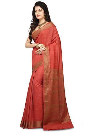 Banarasi Muga Silk Saree in Coral Red
