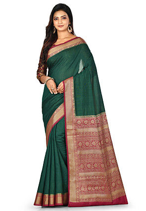 Banarasi Muga Silk Saree in Dark Green