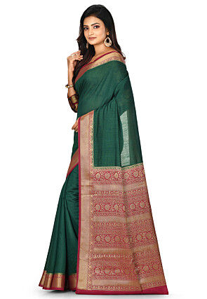 Banarasi Muga Silk Saree in Dark Green