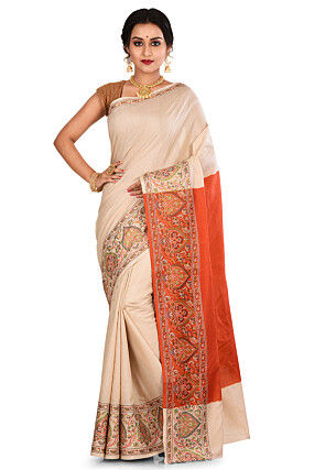 Banarasi Muga Silk Saree in Light Beige and Orange