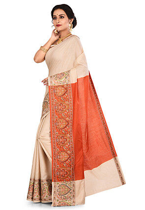 Banarasi Muga Silk Saree in Light Beige and Orange