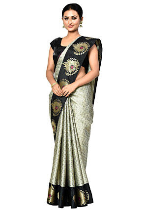 Banarasi Organza Tanchoi Saree in Light Grey and Beige