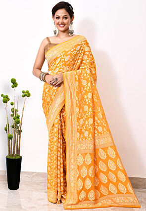 Banarasi Pure Chiffon Saree in Yellow