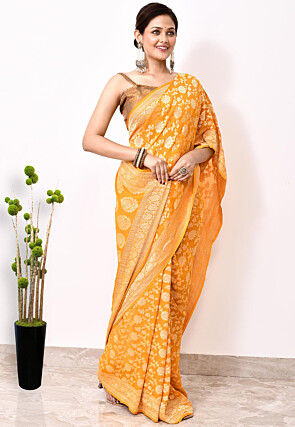 Banarasi Pure Chiffon Saree in Yellow
