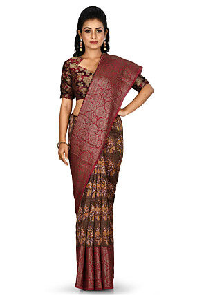 Banarasi Pure Cotton Handloom Saree in Dark Brown