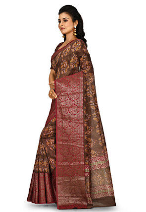 Banarasi Pure Cotton Handloom Saree in Dark Brown