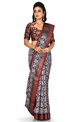 Banarasi Pure Cotton Handloom Saree in Navy Blue
