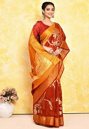 Banarasi Pure Matka Silk Saree in Mustard and Red