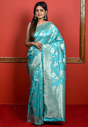 Sky-Blue Bridal Woven Banarasi Silk Saree With Blouse