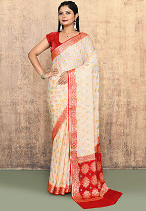 Banarasi Pure Khadi Georgette Saree in Beige