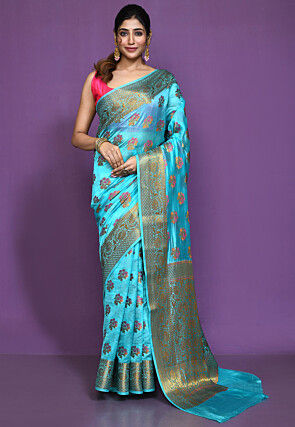 Sky Blue Silver Zari Weaving Work Soft Lichi Silk Saree