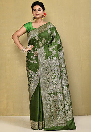 Banarasi Pure Silk Saree in Olive Green
