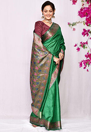 Banarasi Pure Tussar Silk Saree in Green