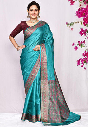 Banarasi Pure Tussar Silk Saree in Teal Blue
