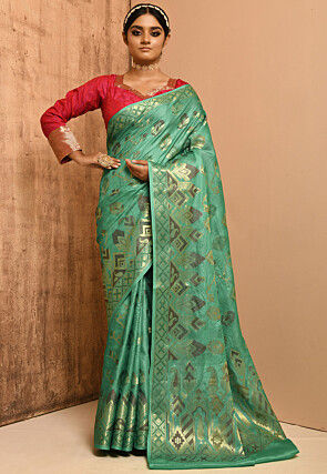 Banarasi Pure Tussar Silk Saree in Teal Green