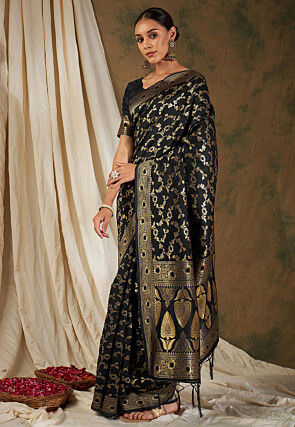 Buy Zeus Black Color katan Banarasi Saree with Allover Jaali Work At  IndyVogue