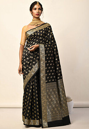 Buy Black Pure Silk Printed Banarasi Saree Online at desertcartKUWAIT