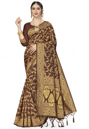 Woven Art Silk Saree in Dark Brown