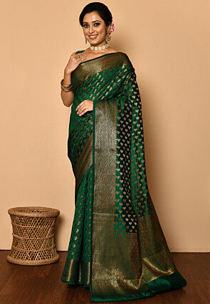 Dark Green Banarasi Silk Saree – GlamRoad